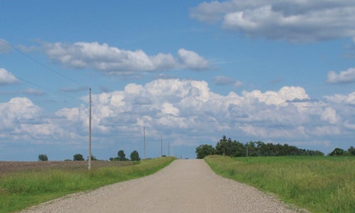A rural dirt road with power lines