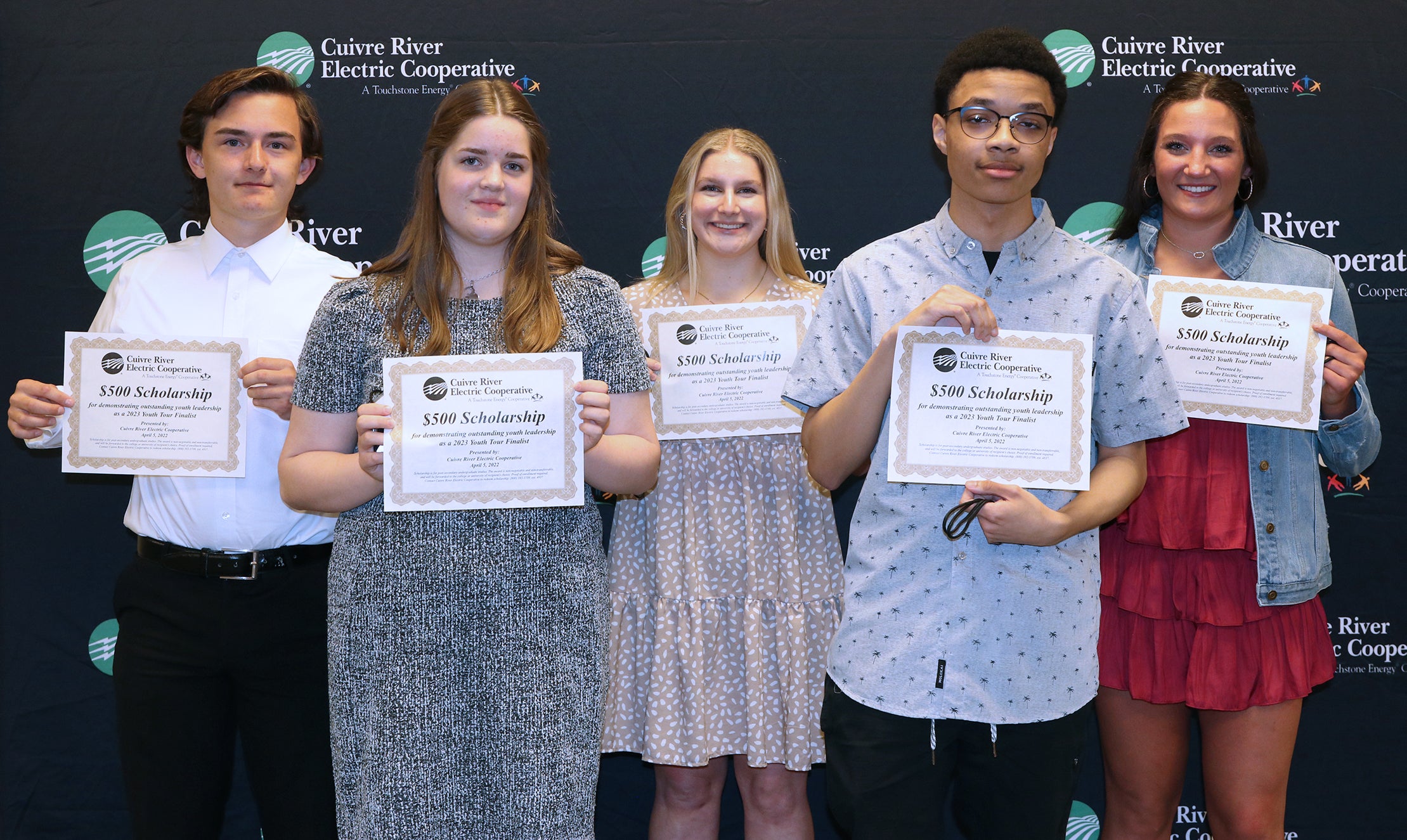 The students who received $500 college scholarships were, from left, Daniel Adams (Liberty), Christine Wehmeyer (Elsberry), Kaitlin Stumpf (Liberty), Caleb Stewart (Liberty) and Reese Douglas (Liberty).