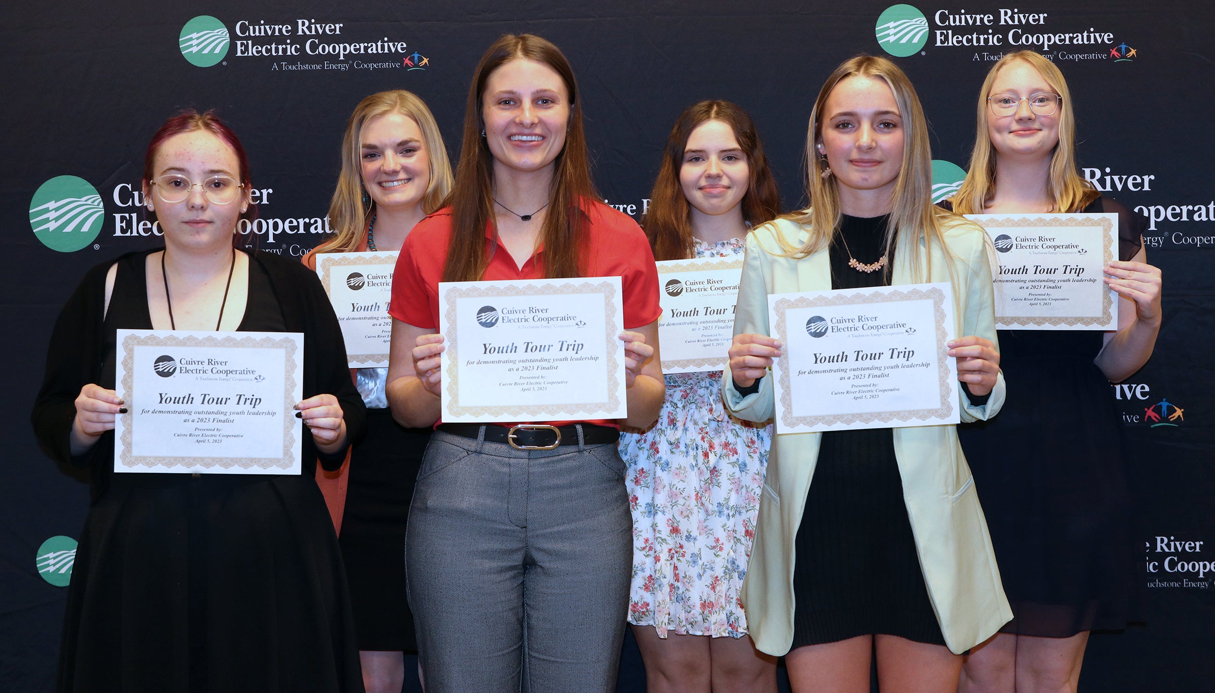 The students who were named as Youth Tour delegates representing Cuivre River Electric Cooperative are, from left, Alexis Kennon (Warrenton), Bailey Schneider (Warrenton), Leah Guss (Warrenton), Grayce Knisell (Liberty), Audrey Lovell (Bowling Green) and Olivia Ketterer (Warrenton). The delegates will travel to Washington, D.C., this summer.