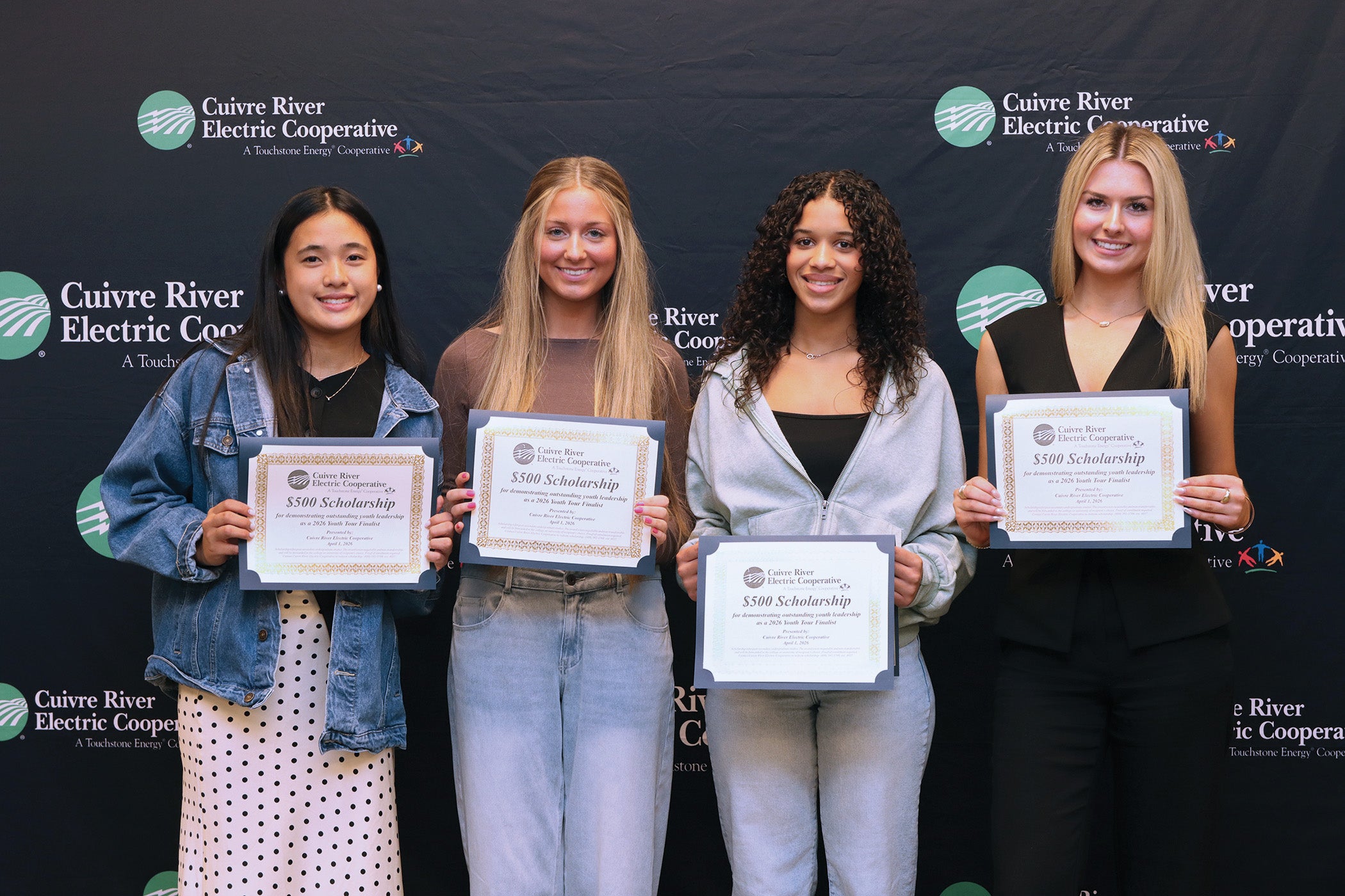 The students who received $500 college scholarships were, from left, Madison Jimenez (Liberty), Kayla Rocco (Liberty), Alyssa Ruediger (Warrenton) and Raven Gaffney (Warrenton). Not pictured are Anze Oosthuizen (Liberty) and Malia Hopper (Warrenton).