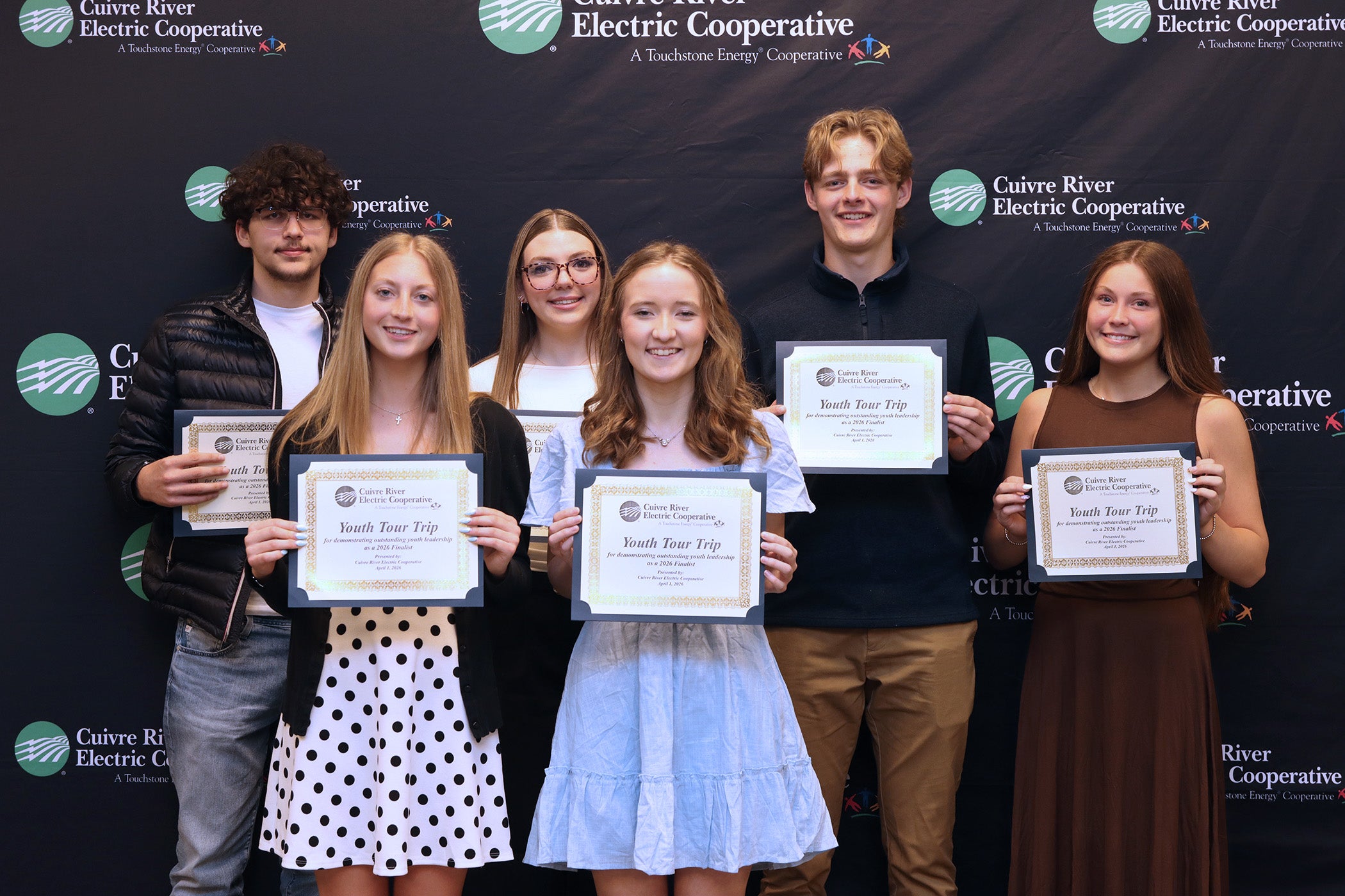 The students who were named as Youth Tour delegates representing Cuivre River Electric Cooperative are, from left, Rei Krushova (Liberty), Lillian Stanek (Troy Buchanan), Mya Kutz (Warrenton), Brooklyn Donohue (Liberty), Joseph Frei (Priory) and Ava Wiegand (Liberty). The delegates will travel to Washington, D.C., this summer.